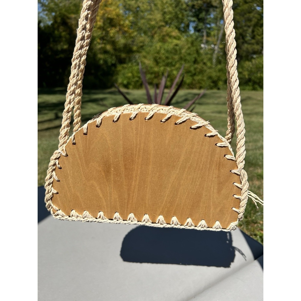 Vintage 60s Walborg Straw Rope Bag Shoulder‎ Bag Wooden Base Boho Cottagecore